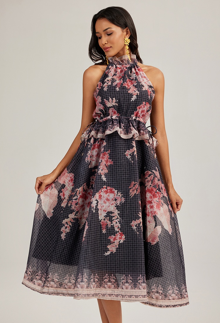 Printing wood ear sleeveless France style halter dress