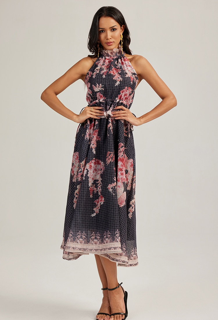 Printing wood ear sleeveless France style halter dress