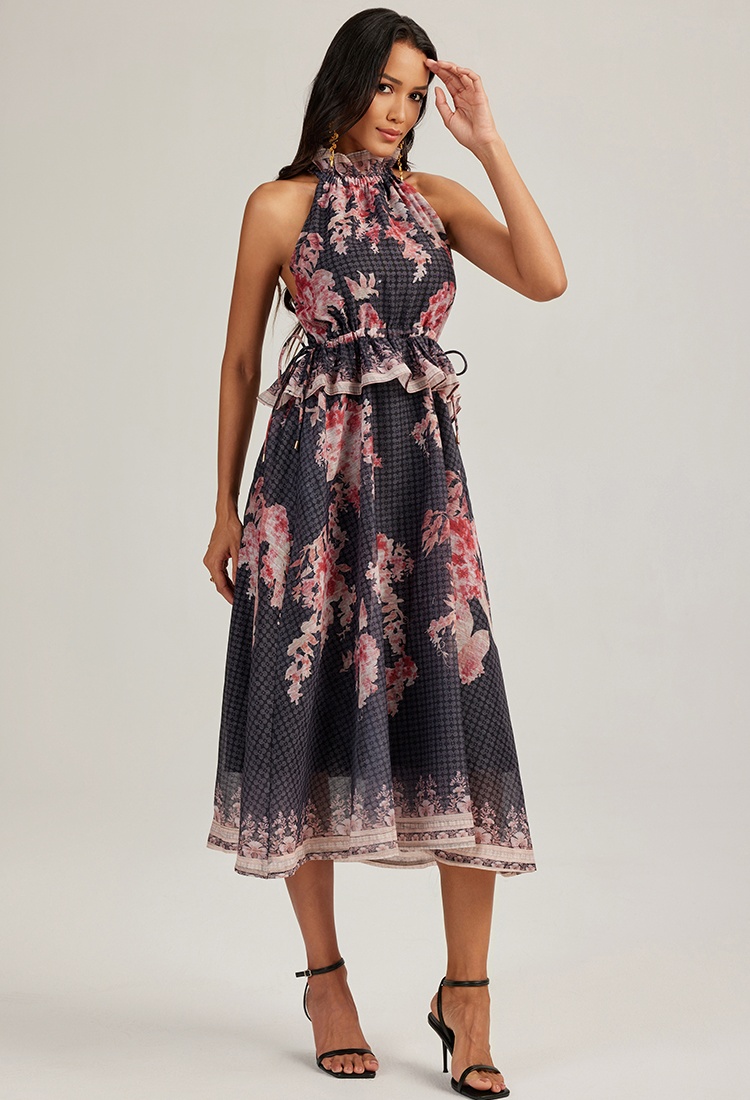 Printing wood ear sleeveless France style halter dress