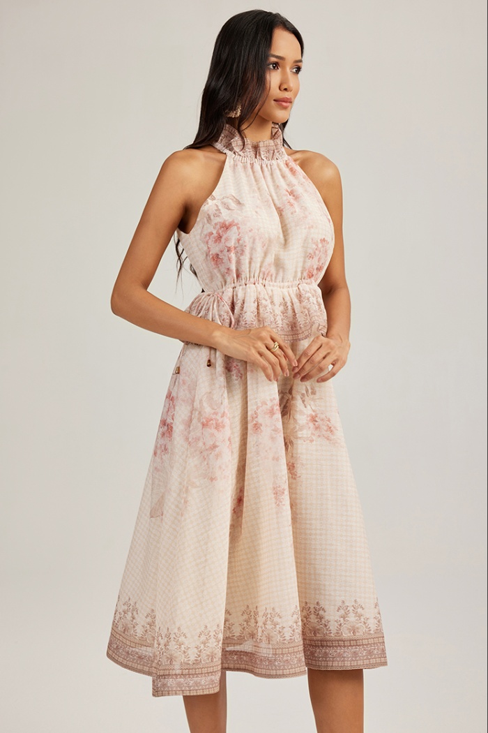 Printing wood ear sleeveless France style halter dress