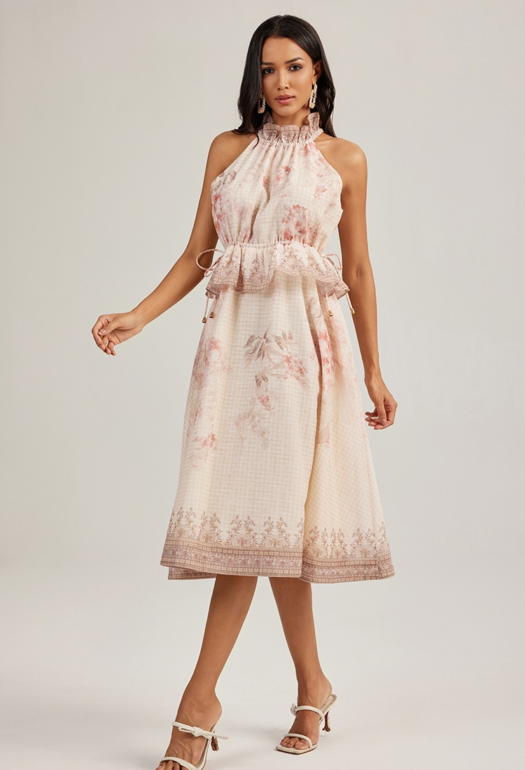 Printing wood ear sleeveless France style halter dress