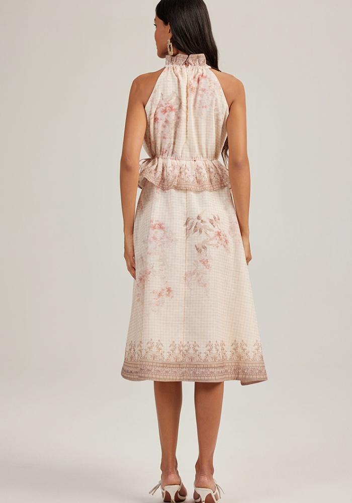 Printing wood ear sleeveless France style halter dress