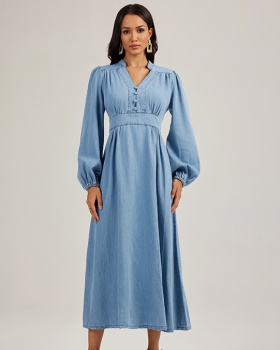 Denim long sleeve long dress France style dress