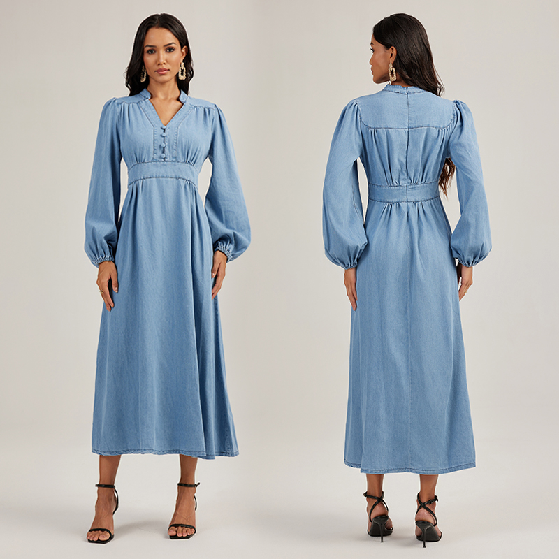 Denim long sleeve long dress France style dress
