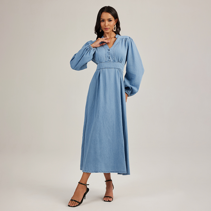 Denim long sleeve long dress France style dress