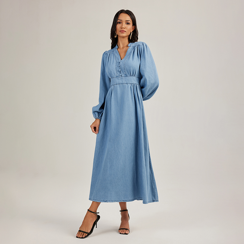 Denim long sleeve long dress France style dress