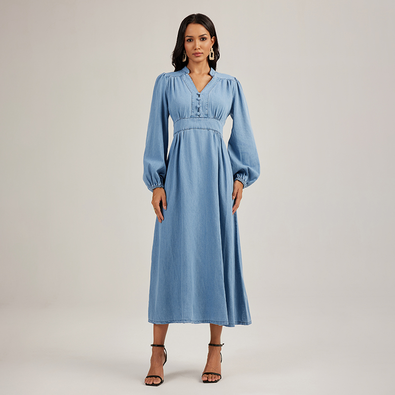 Denim long sleeve long dress France style dress