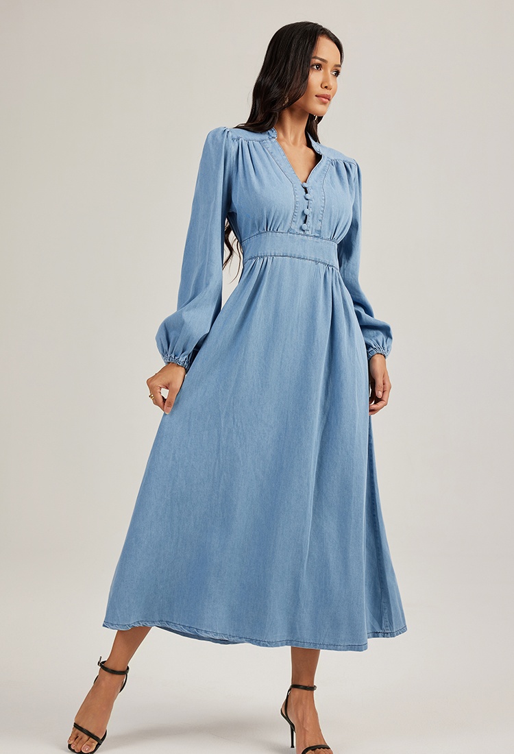 Denim long sleeve long dress France style dress