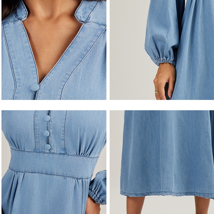 Denim long sleeve long dress France style dress