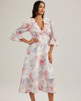 Flowers printing long dress stereoscopic court style dress