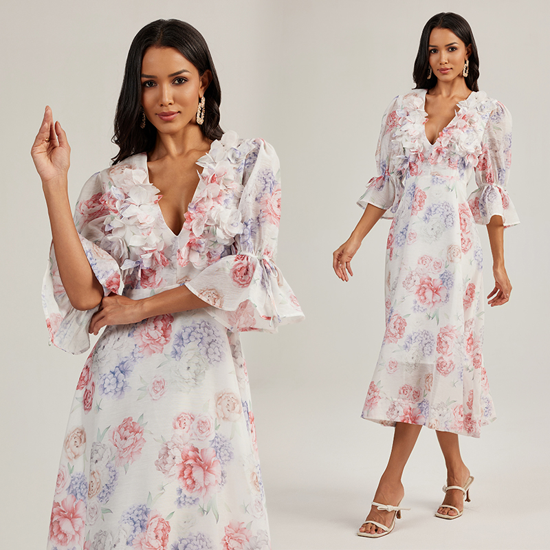 Flowers printing long dress stereoscopic court style dress