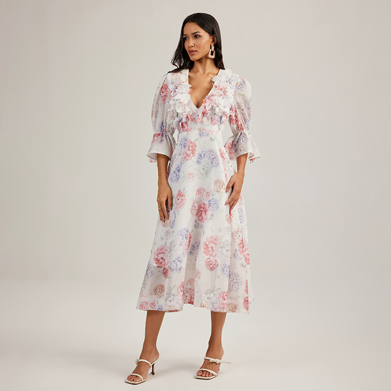 Flowers printing long dress stereoscopic court style dress