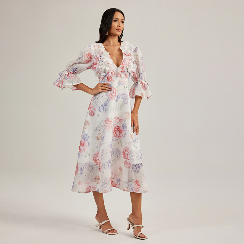 Flowers printing long dress stereoscopic court style dress
