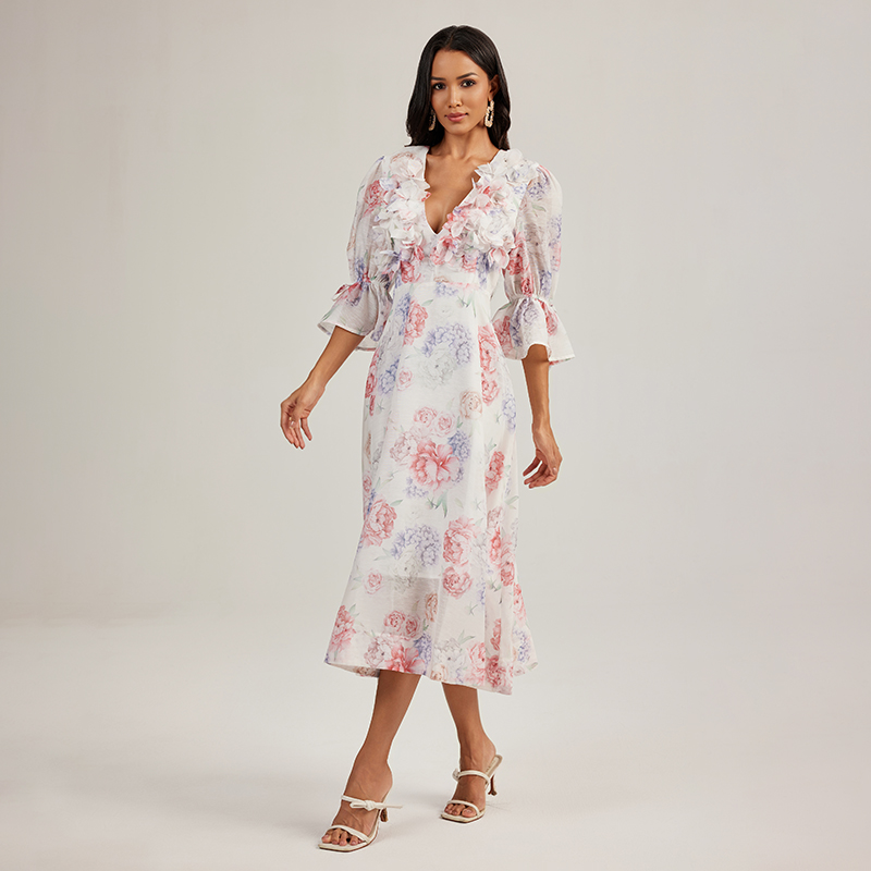 Flowers printing long dress stereoscopic court style dress