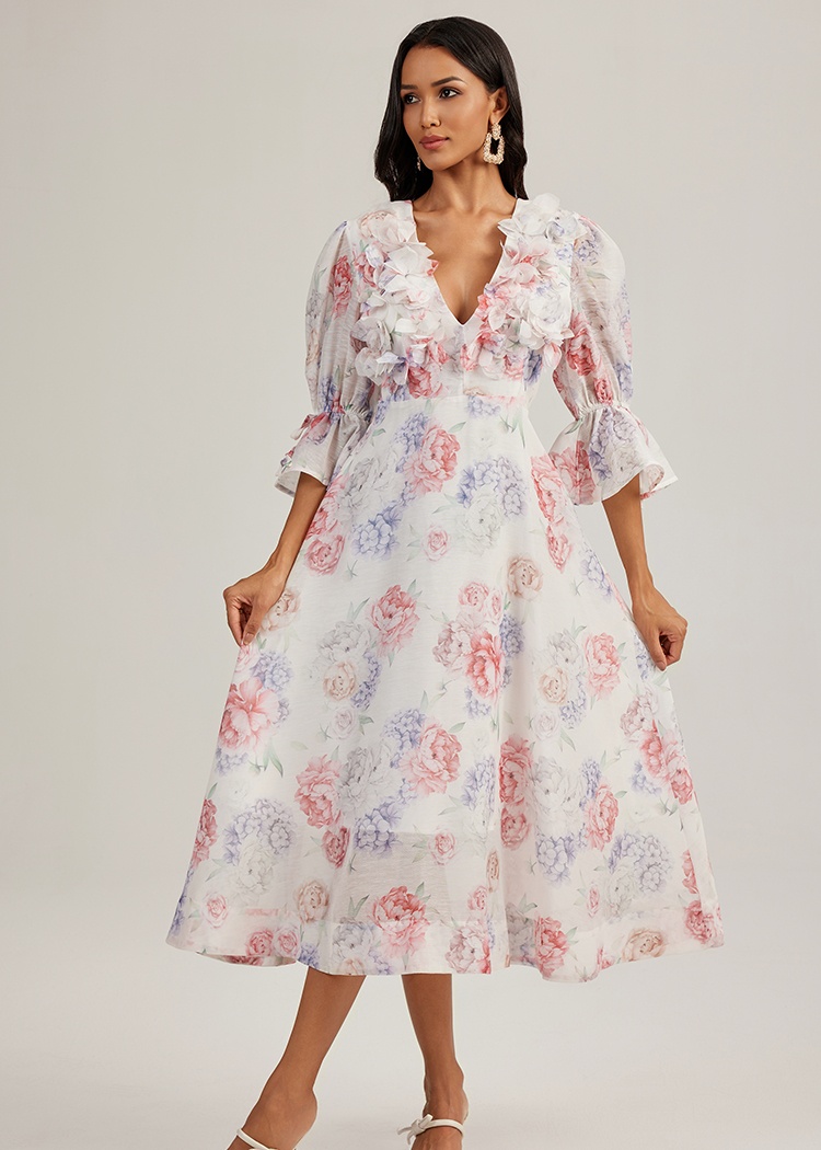 Flowers printing long dress stereoscopic court style dress