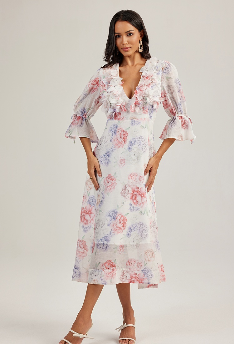 Flowers printing long dress stereoscopic court style dress