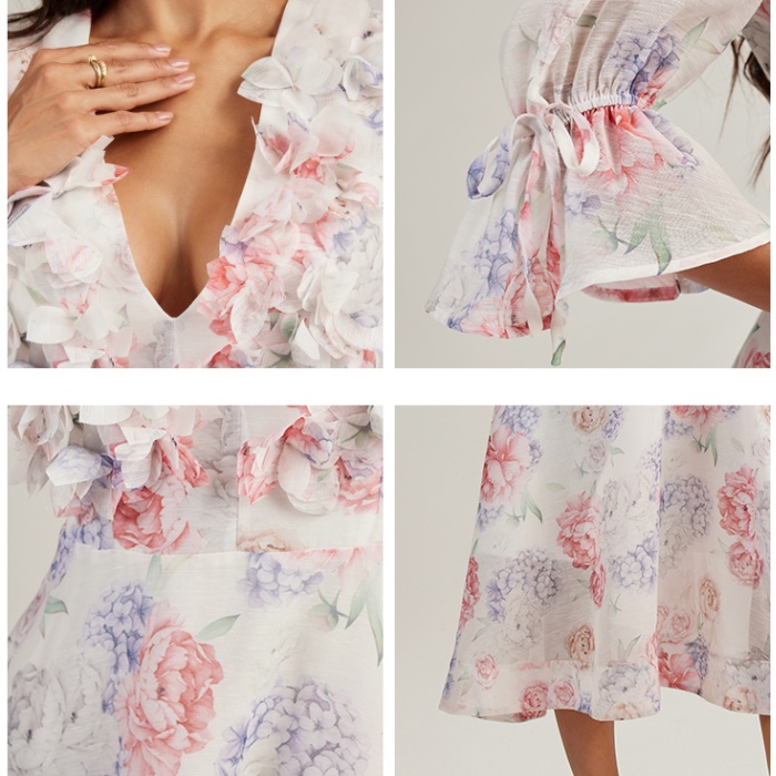 Flowers printing long dress stereoscopic court style dress