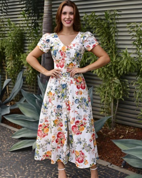 Short sleeve European style vacation printing dress for women