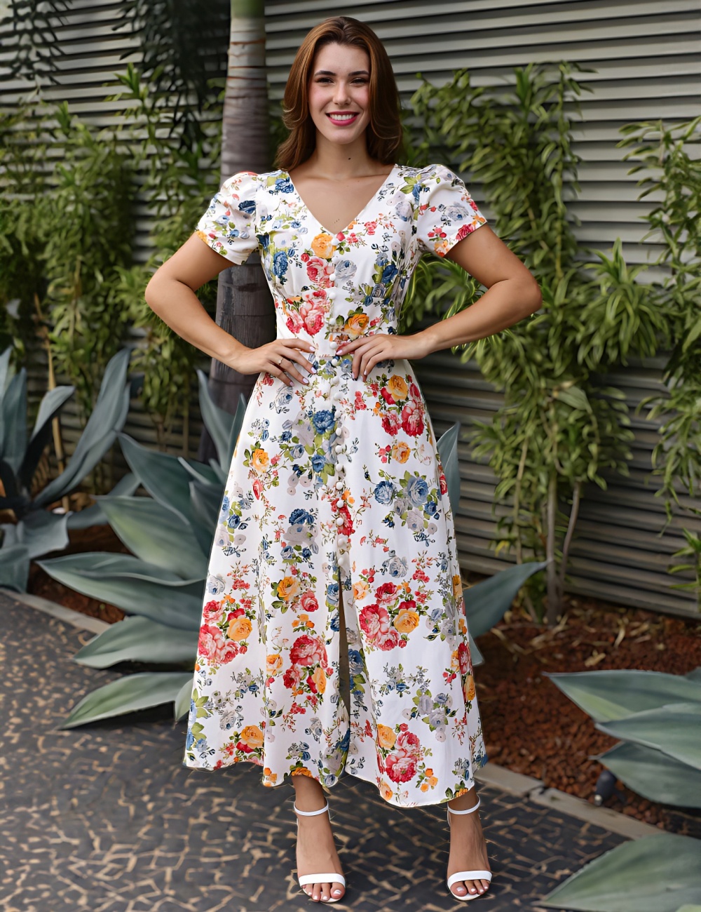 Short sleeve European style vacation printing dress for women