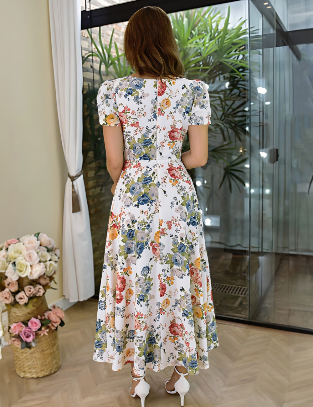 Short sleeve European style vacation printing dress for women