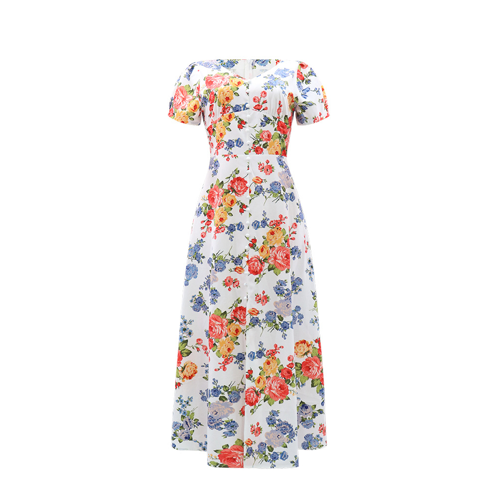 Short sleeve European style vacation printing dress for women