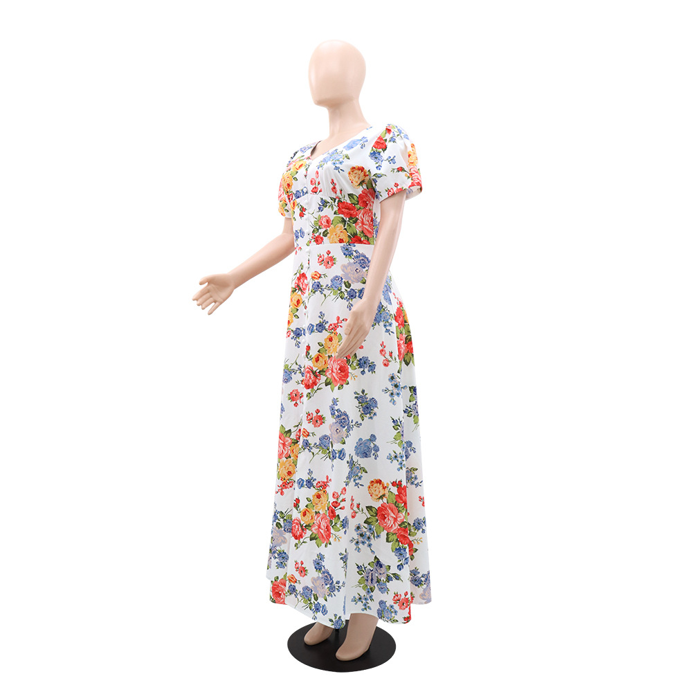 Short sleeve European style vacation printing dress for women