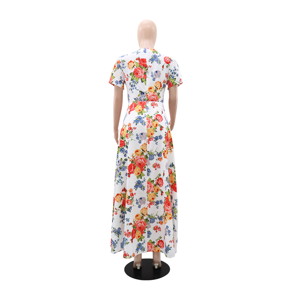 Short sleeve European style vacation printing dress for women