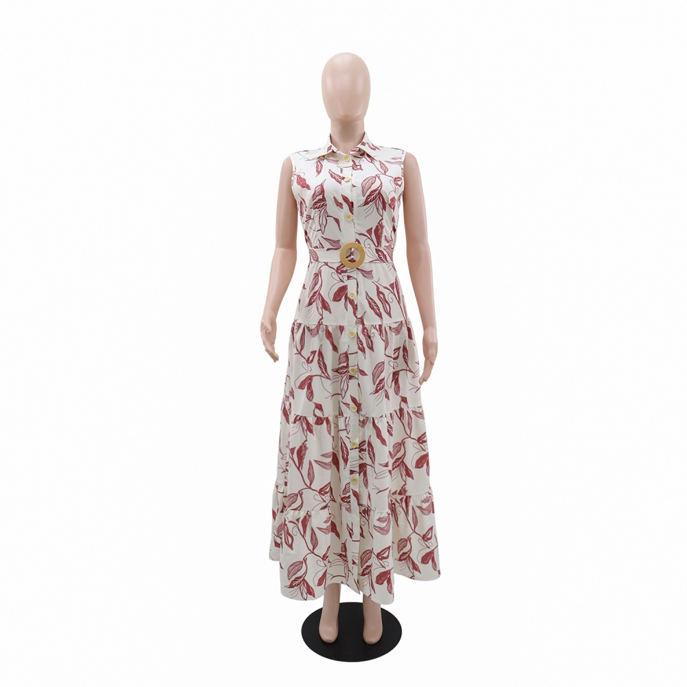 A-line lapel belt pinched waist sleeveless dress