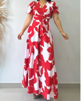 European style V-neck printing Casual dress for women
