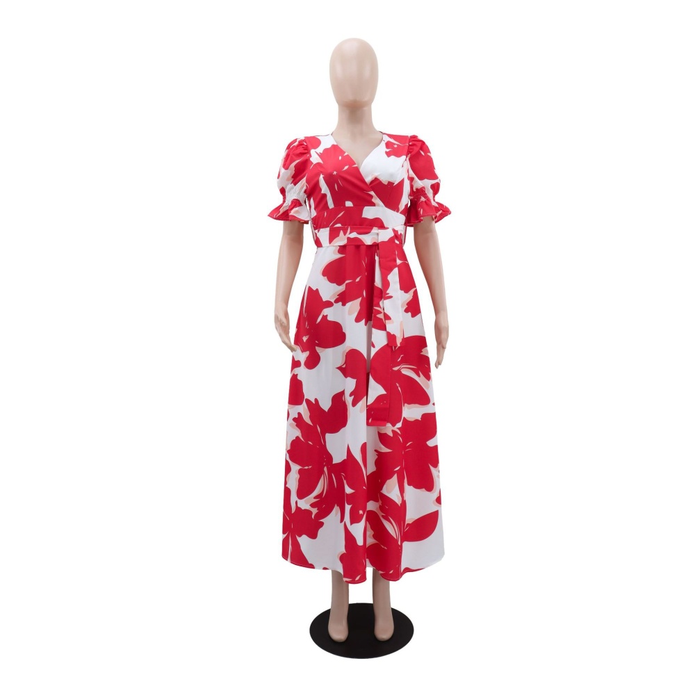 European style V-neck printing Casual dress for women