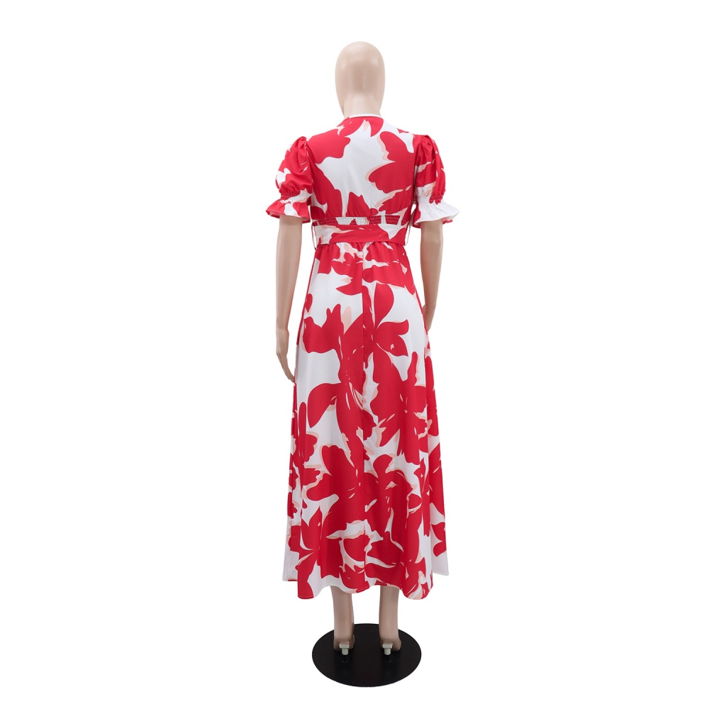 European style V-neck printing Casual dress for women