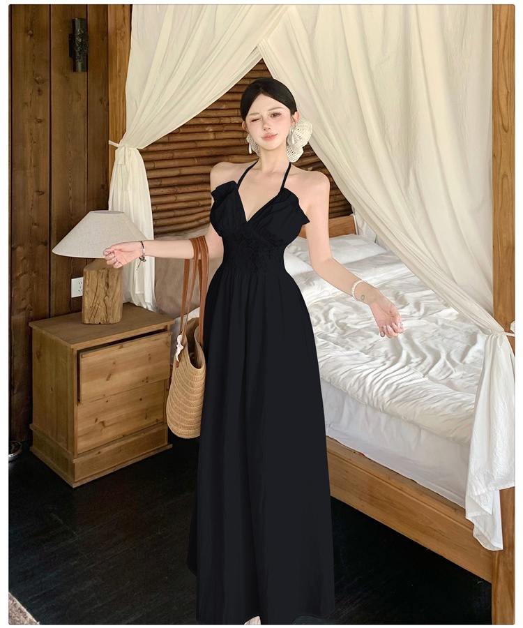 Sling lace dress pinched waist long dress for women