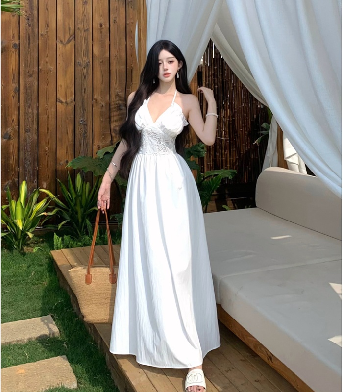 Sling lace dress pinched waist long dress for women