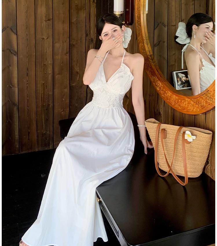 Sling lace dress pinched waist long dress for women