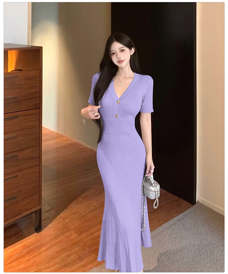 Chanelstyle summer V-neck dress knitted mermaid long dress
