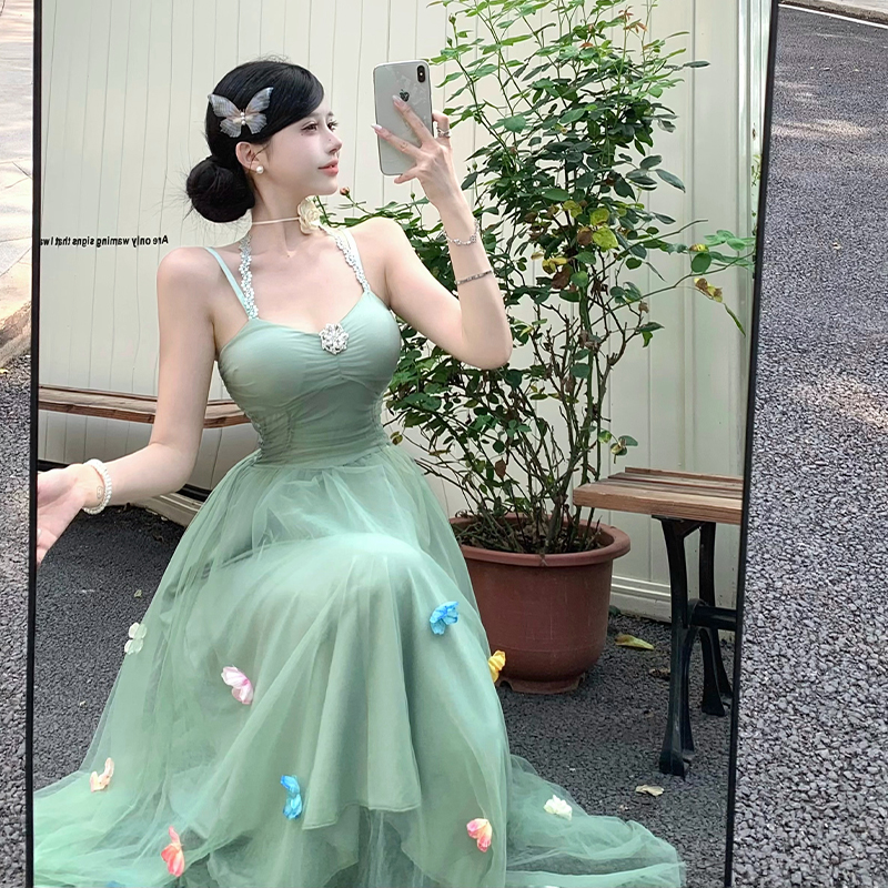 Tender halter sling flowers gauze temperament dress for women