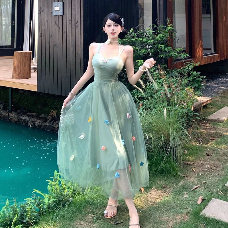 Tender halter sling flowers gauze temperament dress for women