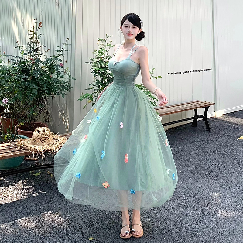 Tender halter sling flowers gauze temperament dress for women