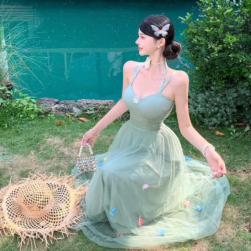 Tender halter sling flowers gauze temperament dress for women
