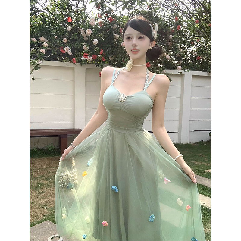 Tender halter sling flowers gauze temperament dress for women
