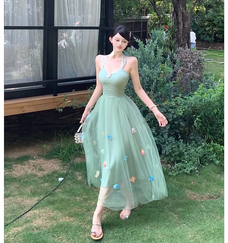 Tender halter sling flowers gauze temperament dress for women