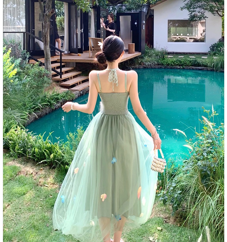 Tender halter sling flowers gauze temperament dress for women