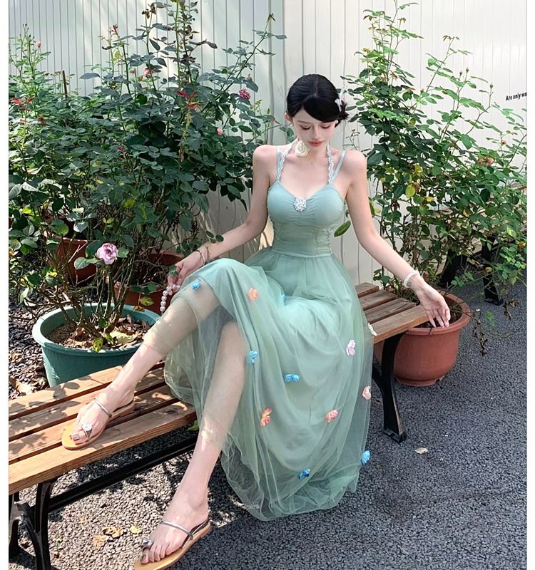 Tender halter sling flowers gauze temperament dress for women