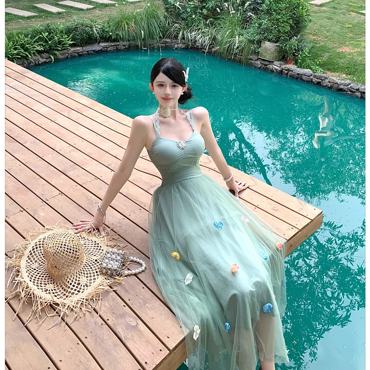 Tender halter sling flowers gauze temperament dress for women