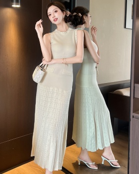 Beading sleeveless dress knitted France style long dress