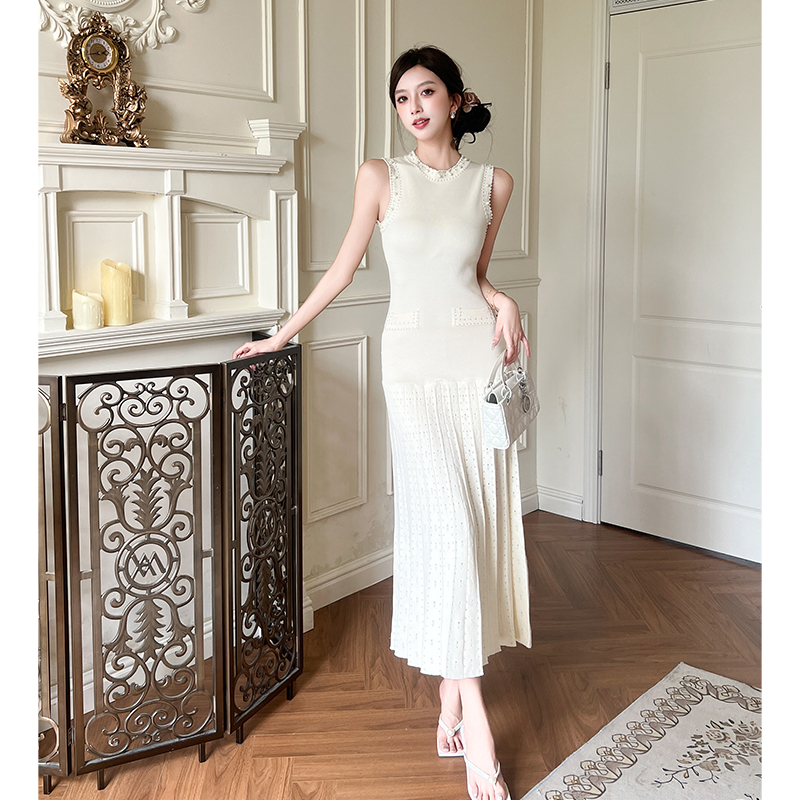 Beading sleeveless dress knitted France style long dress