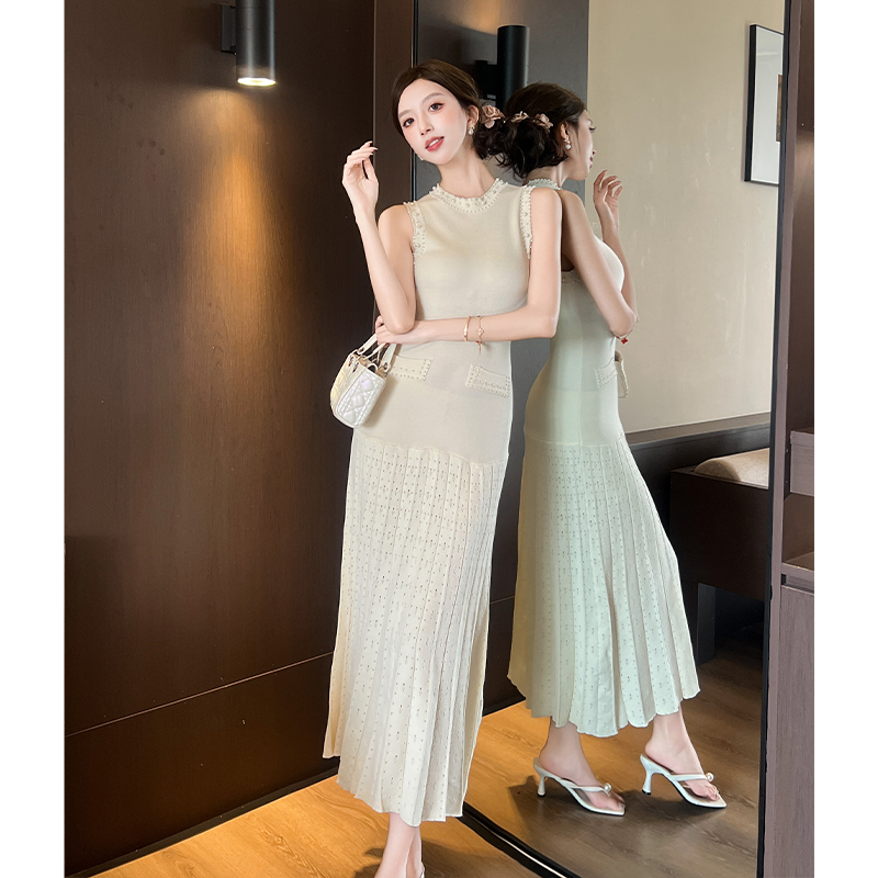 Beading sleeveless dress knitted France style long dress