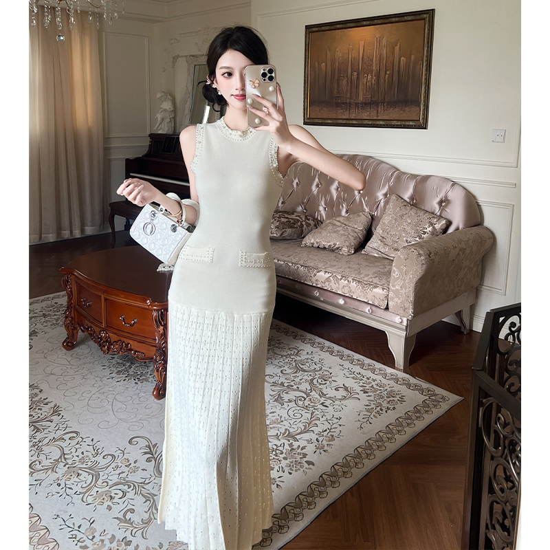 Beading sleeveless dress knitted France style long dress