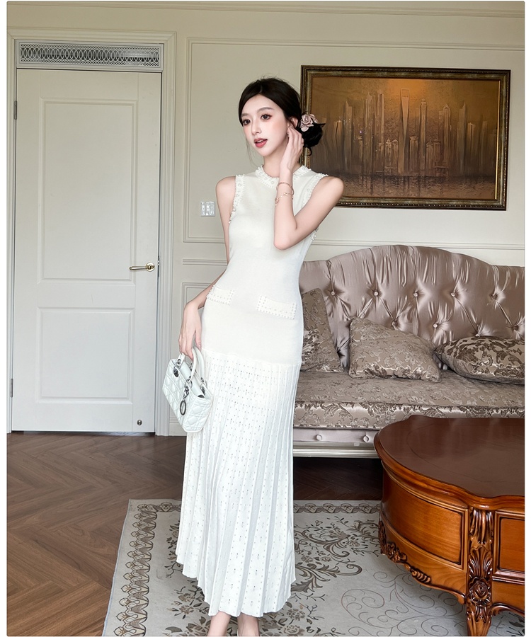 Beading sleeveless dress knitted France style long dress