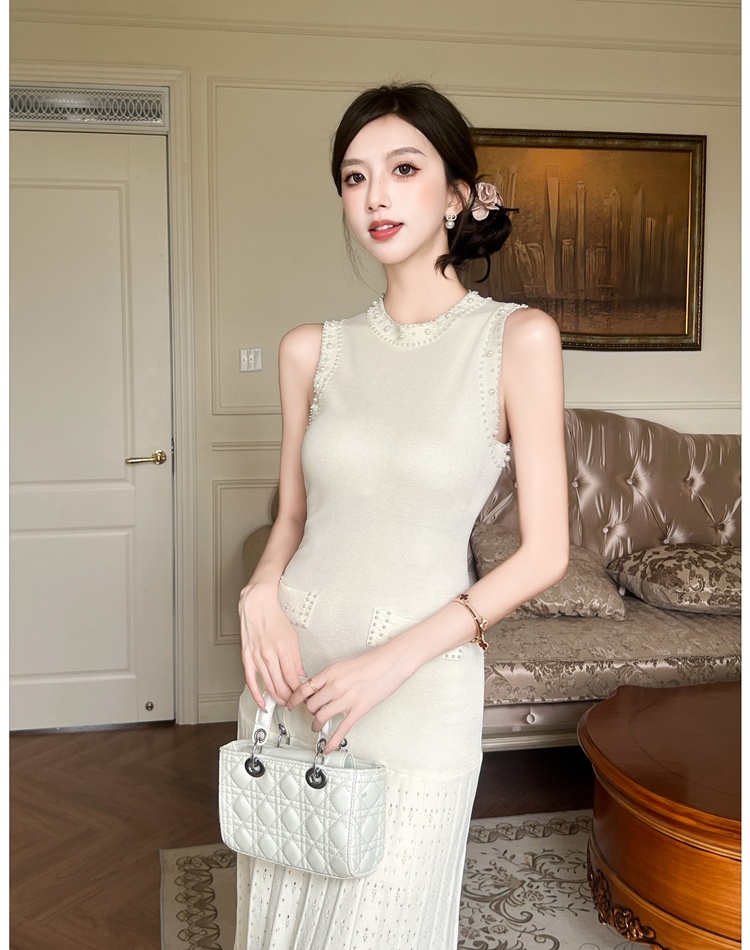 Beading sleeveless dress knitted France style long dress